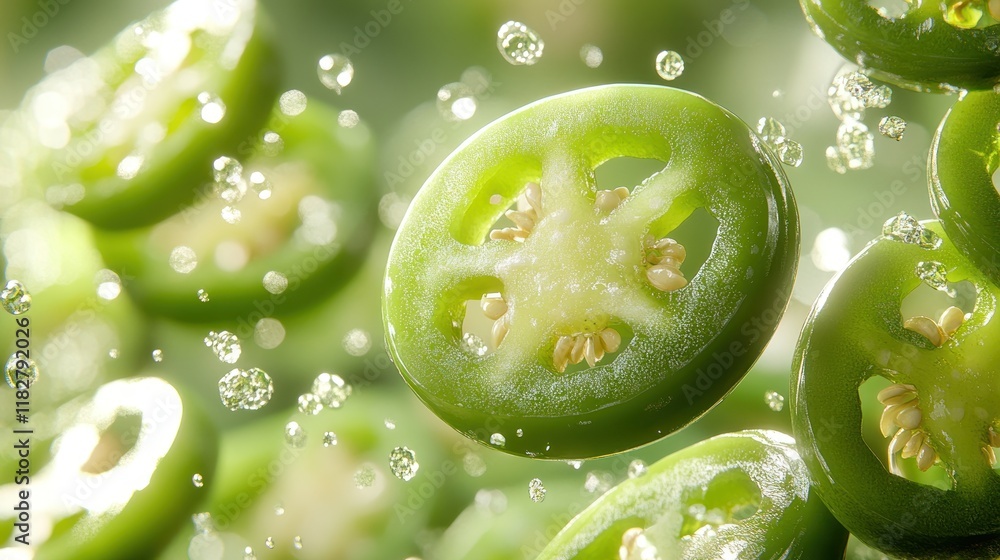 Poster slices of fresh green jalapeno floating in water with bubbles in a vibrant and refreshing display. g