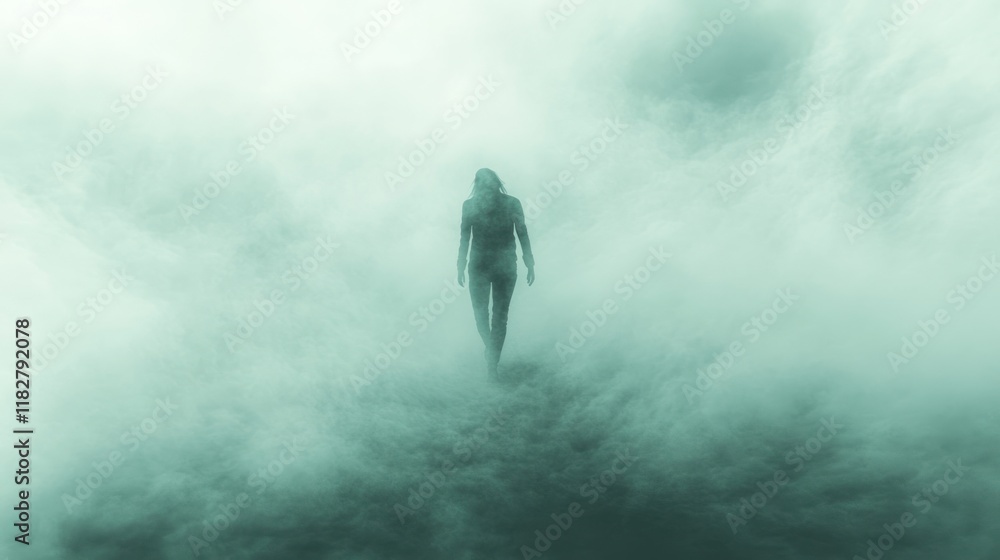 Aufkleber mysterious figure walking through dense fog on an overcast day in a surreal landscape. generative ai