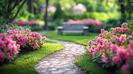 Beautiful garden pathway surrounded by blooming azaleas and a wooden bench in springtime light. Generative AI