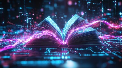 A digital book with its pages turning into streams of light and code, surrounded by holographic symbols of innovation and learning, Futuristic, High Resolution, Electric Neon