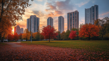 Obraz premium An Autumn City Park, with Pathways Covered in Colorful Fallen Leaves, Trees Glowing in Shades of Red and Orange, and the Sleek Lines of High-Rise Apartments Towering in the Background, Sunset