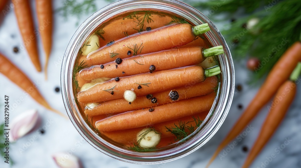 Poster Fresh carrots preserved in brine with garlic and spices for a flavorful crunch in every bite. Generative AI