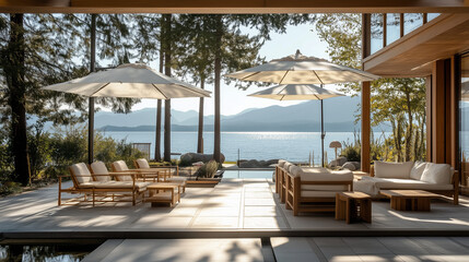 Obraz premium An outdoor patio designed in a maritime mid-century style
