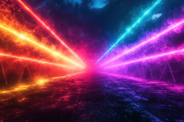 Colorful laser beams cutting through a dark misty landscape at night. Generative AI