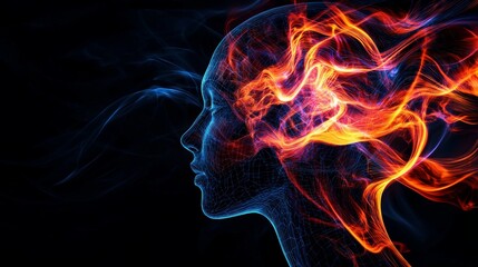 A distorted human profile dissolving into a swirling vortex of light, neon hues, sci-fi surrealism, high-tech abstraction, luminous holographic finish