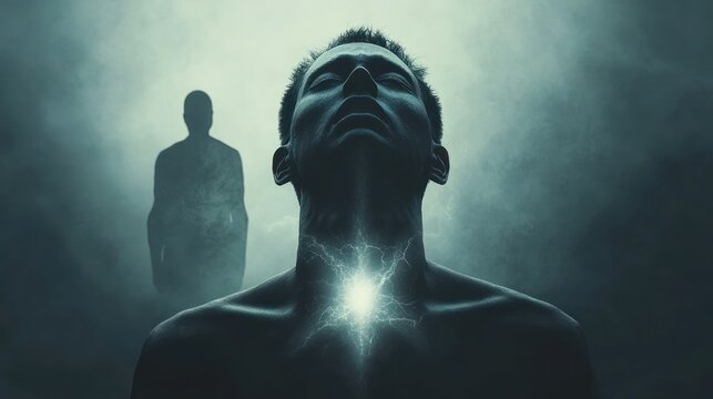 Man in silhouette with glowing heart in dark misty environment during an emotional moment. Generative AI