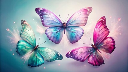 Dreamy Pink, Teal & Purple Butterflies on White -  Elegant Nature Stock Photo