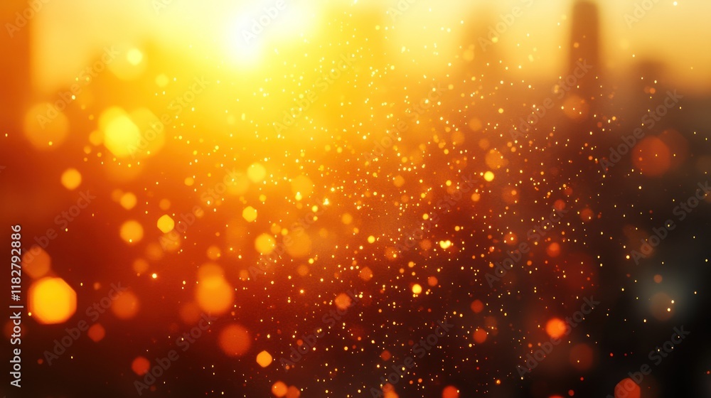 Poster beautiful golden bokeh effect at sunset illuminating a city skyline with warm light and sparkling pa