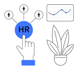 Hand pointing at HR button with three connected human icons, a growth chart with blue data points, and a potted plant. Ideal for workforce management, team building, data analysis, strategy