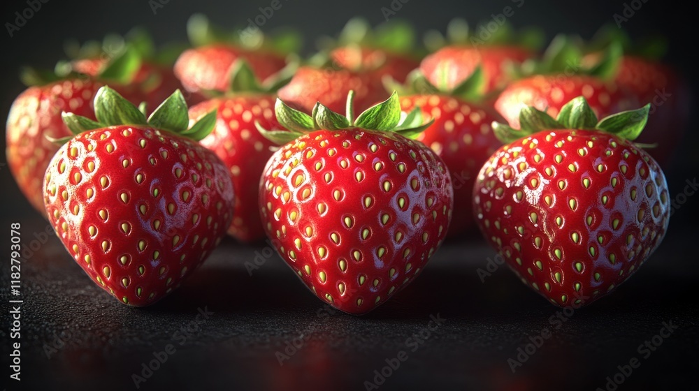 Poster fresh strawberries arranged on a dark surface highlighting their vibrant color and texture. generati