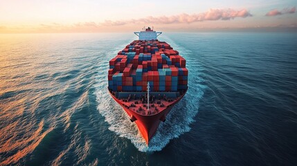 Container ship navigating through calm waters at sunset with stacked cargo containers on deck. Generative AI