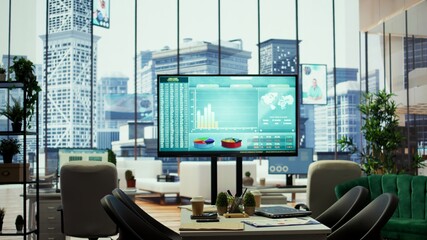 Sleek corporate office with a computer displaying detailed infographics, perfect for executive...