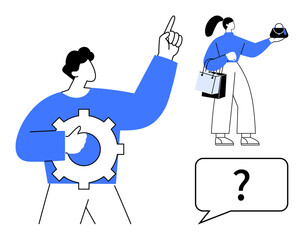 Man holding a cogwheel gesturing, a woman carrying shopping bags and coffee cup, question mark in speech bubble. Ideal for teamwork, problem solving, planning, discussions, brainstorming, shopping