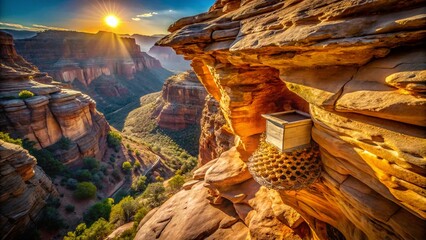 Drone Shot: Beehive Nest on Rugged Cliff Face - Aerial View