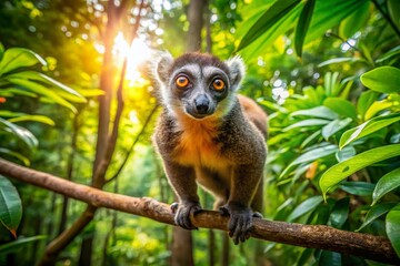 Obraz premium Drone Shot: Focused Lemur Perched High in Lush Tree Canopy