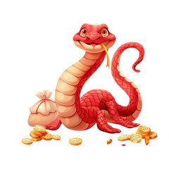 Fototapeta premium A cartoon red snake smiles while holding a gold coin in its mouth and sits beside a pile of gold coins and a money bag.