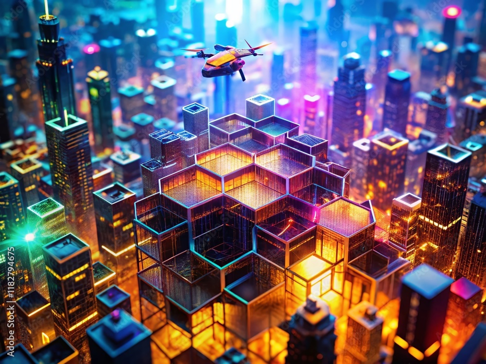 Poster drone view: futuristic hexagon matrix digital technology - abstract shiny background