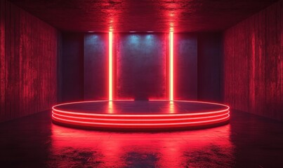 Futuristic Empty Red Neon Stage Platform 3D Rendering Dramatic Shadows Minimalist Design
