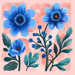 Bold Blue Floral Watercolor Illustration with Green Leaves and Pastel Pink Background
