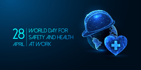 World Day for Safety and Health at Work concept web banner on dark blue. Workplace safety land page