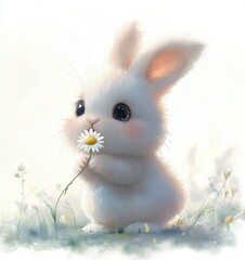 cute fluffy rabbit cartoon portrait with flower on white background