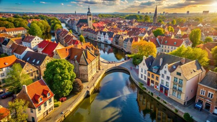 Fototapeta premium Drone View of Bruges, Belgium: Charming Medieval Cityscape & Canals