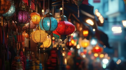 A vibrant scene of lanterns hanging in a market during Ramzan, with colorful fabrics and festive decorations creating a lively ambiance.