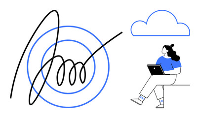 Woman using laptop while sitting next to cloud icon and signature. Ideal for online collaboration, remote work, e-signatures, cloud computing, digital business, online storage, virtual meetings. Line