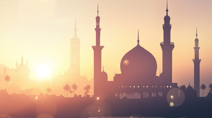 Fototapeta premium vector art, blurred background of mosque in the distance, lots of empty space for text, ramadan vibes and ornaments