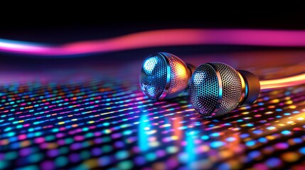 Wireless earbuds in motion, vibrant background, dynamic sound quality concept