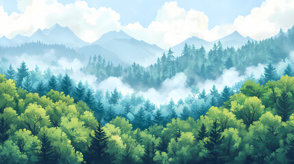 Naklejka premium Aerial view forest idea. lush green forest with a diverse array of tree types under a cloudy sky. Frostglint. Illustration