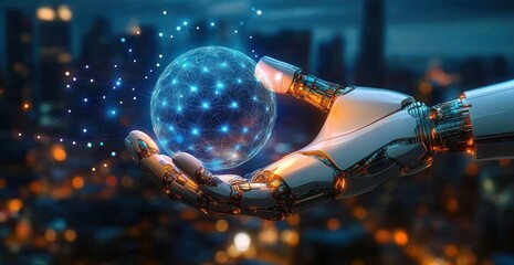 Naklejka premium Futuristic City with Robotic Hand Holding Spherical Object Technology Innovation Cyberpunk Style