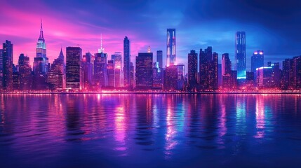 Obraz premium A vibrant city skyline at dusk, with skyscrapers lit up against a deep blue sky, reflecting in the water below, creating a mesmerizing urban landscape.