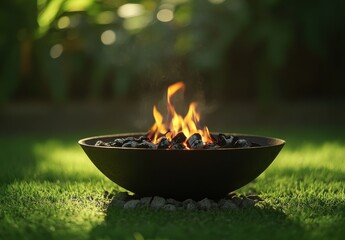 Tranquil Evening Fire Pit in a Lush Garden Setting with Flickering Flames and Glowing Coals Surrounded by Greenery Under Soft Natural Light