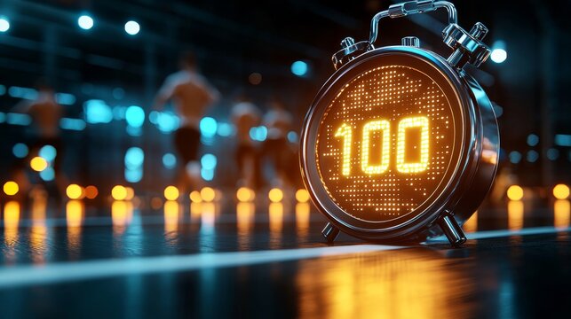 Workout timer on digital display, gym setting with participants in motion, high energy