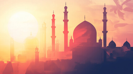 vector art, blurred background of mosque in the distance, lots of empty space for text, ramadan vibes and ornaments