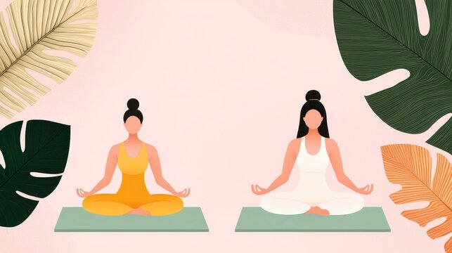 Yoga and mindfulness class ad, people in meditative poses on mats in nature, spacious layout for branding, peaceful and earthy tones