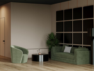 Living lounge room with olive green furniture. Salon hall in hotel