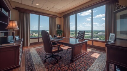 An executive office with a large desk, leather chair, and floor-to-ceiling windows.