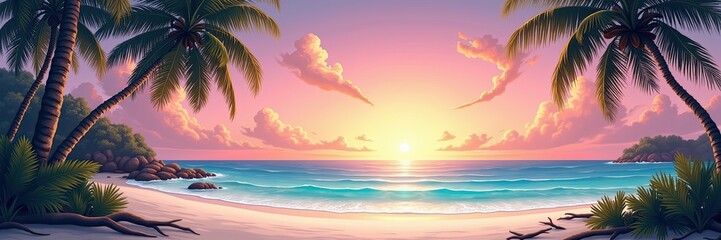 Pastel Sunset Over Tranquil Beach with Palm Trees and Gentle Waves