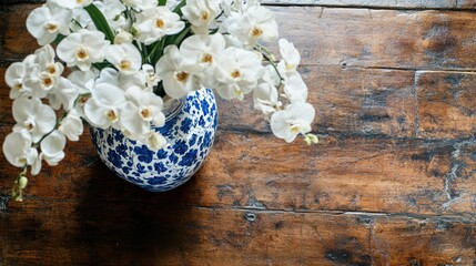 A beautifully painted vase with blue and white patterns, filled with orchids, viewed top-down on a rustic table.