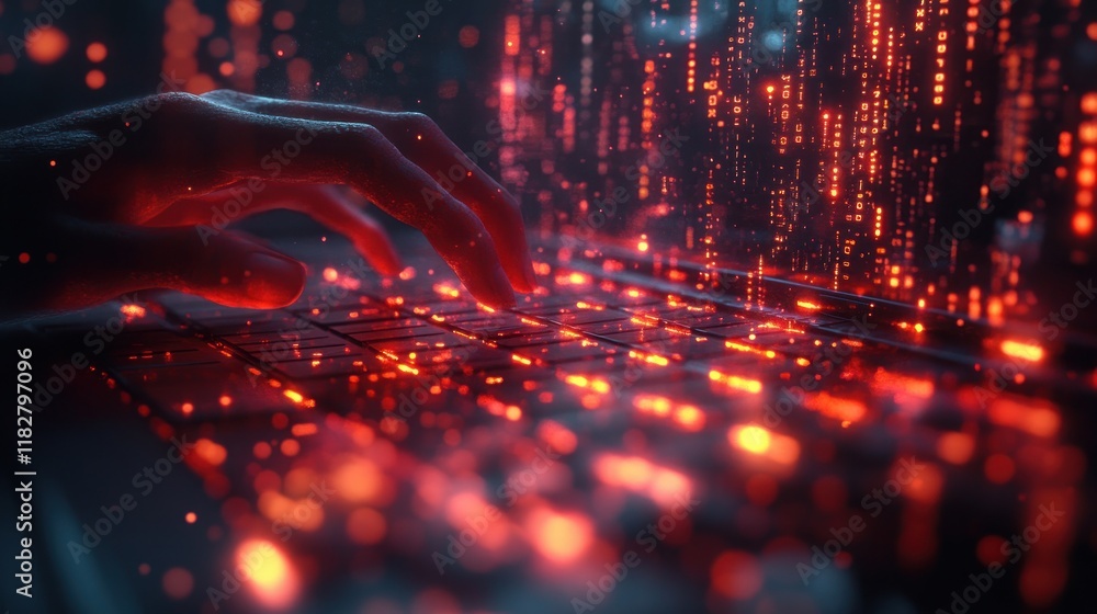 Poster futuristic hand of programmer typing on laptop surrounded by digital codes and neon lights