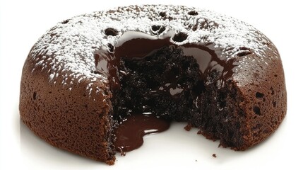 A chocolate lava cake with a gooey center and powdered sugar garnish.