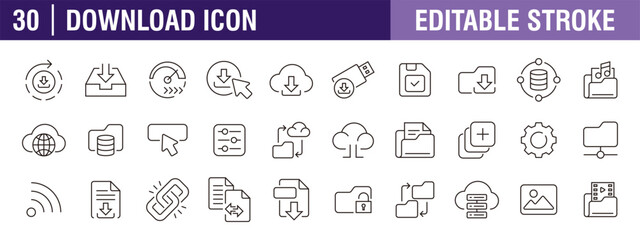 Collection of download icons. Documents, files, uploads, transfers, data. Vector design template, signs, symbols, editable stroke.