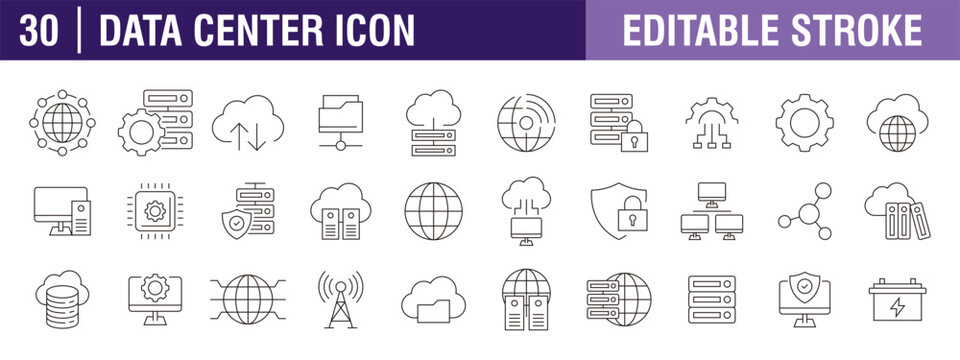 Collection of data center icons. Analytics, hosting, storage, cloud computing. Vector design template, signs, symbols, editable stroke.