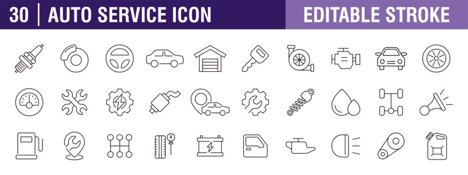 Collection of auto service icons. Workshop, car, vehicle, mechanic. Vector design template, signs, symbols, editable stroke.