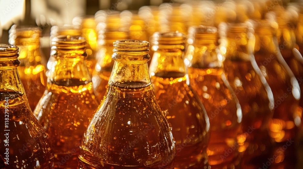 Poster a clean production line creating beverages in transparent bottles.