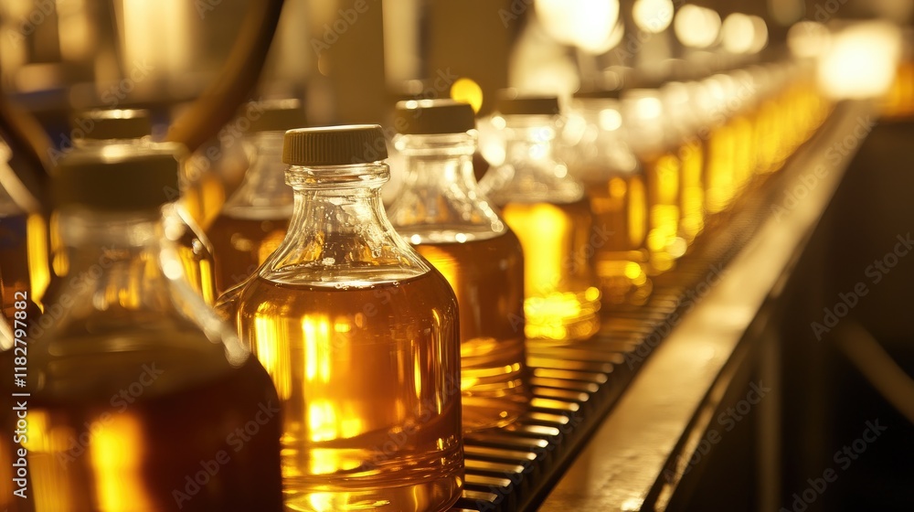 Poster a clean production line creating beverages in transparent bottles.
