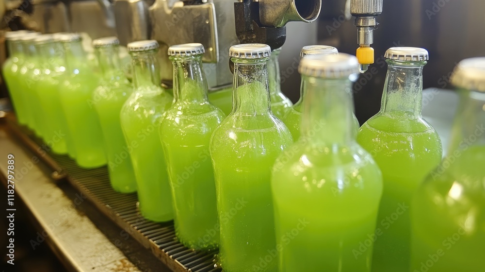Poster a clean production line creating beverages in transparent bottles.