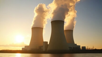 A coal power plant with tall chimneys releasing smoke at sunset.